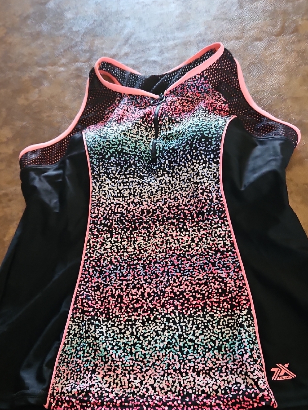 Black Swim/ Yoga Tank with Coral Trim and Multicolor Speckle Front